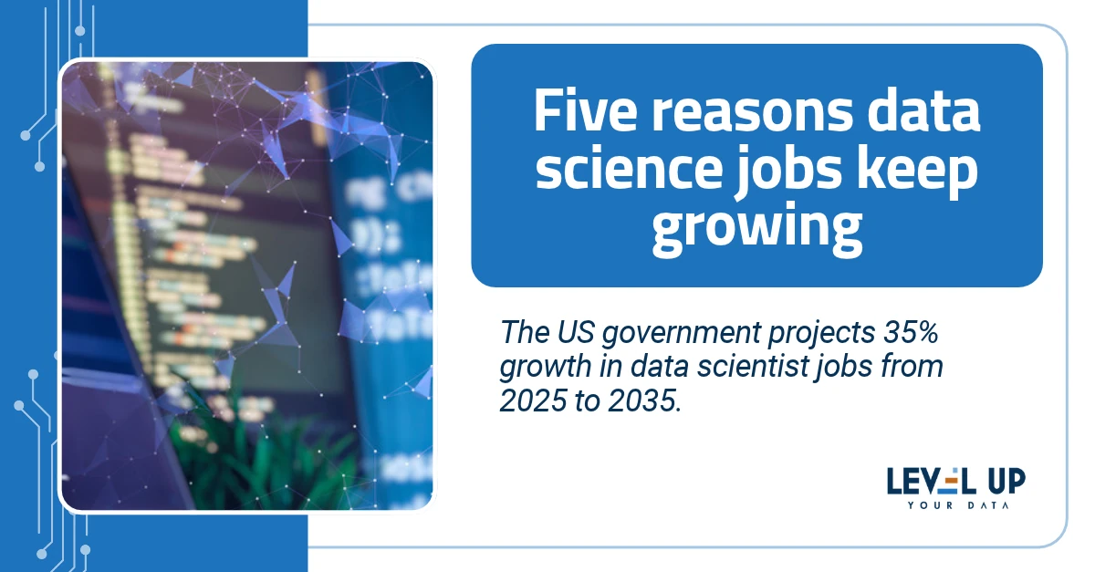 Code on screens, beside the title: Five reasons data science jobs keep growing. The US government projects 35% growth in data scientist jobs from 2025 to 2035.